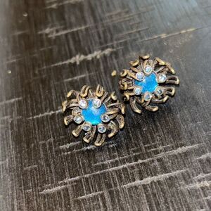 Konplott Anique Brass Tone Blue Crystals Dangle Flower Hook On Earrings​​​​​